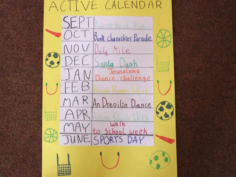 A hand-made Active Calendar listing a physical activity for each month, September to June