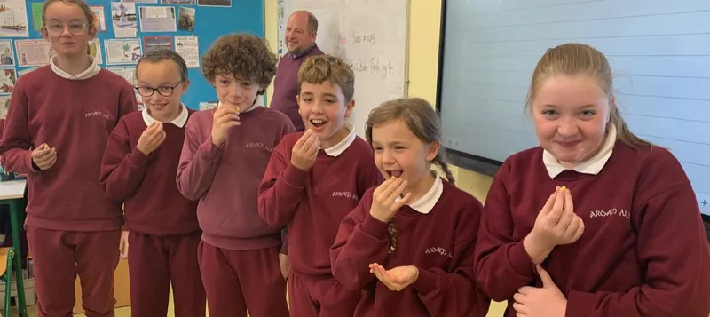 A group of pupils in their school jumpers, smiling in the classroom