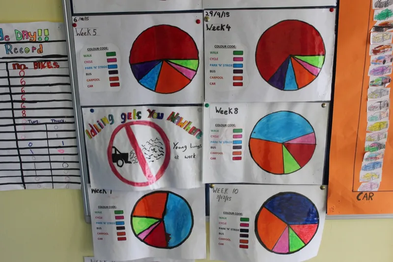 Pie charts from a pupils' Green Schools survey on a classroom wall